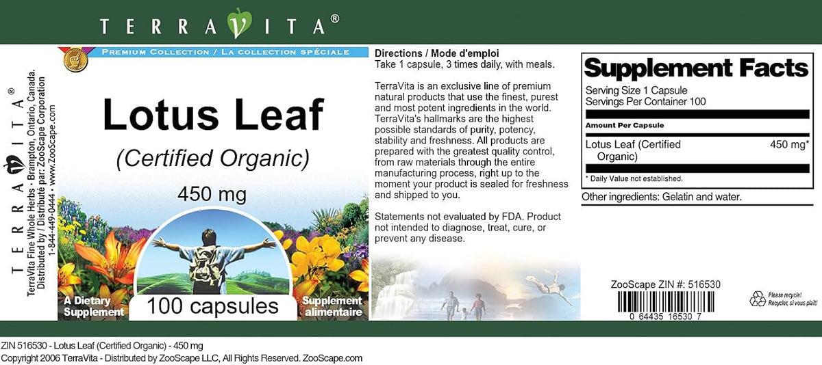 TerraVita Hoja de Loto Orgánica - 450 mg, – Hoja de loto orgánica (Nelumbo nucifera): 450 mg por cápsula. Cada – Image 3