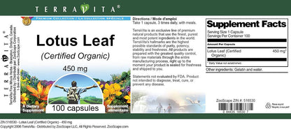 TerraVita Hoja de Loto Orgánica - 450 mg, – Hoja de loto orgánica (Nelumbo nucifera): 450 mg por cápsula. Cada – Image 3
