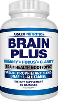 Arazo Nutrition Brain Plus – Suplemento Nootrópico para Memoria, Enfoque y Claridad Mental con DMAE, Bacopa Monnieri, L-Glutamina y Multivitaminas