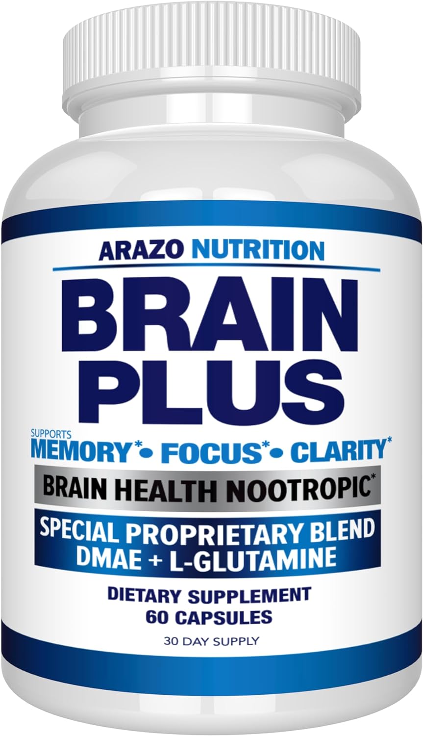 Arazo Nutrition Brain Plus – Suplemento Nootrópico para Memoria, Enfoque y Claridad Mental con DMAE, Bacopa Monnieri, L-Glutamina y Multivitaminas