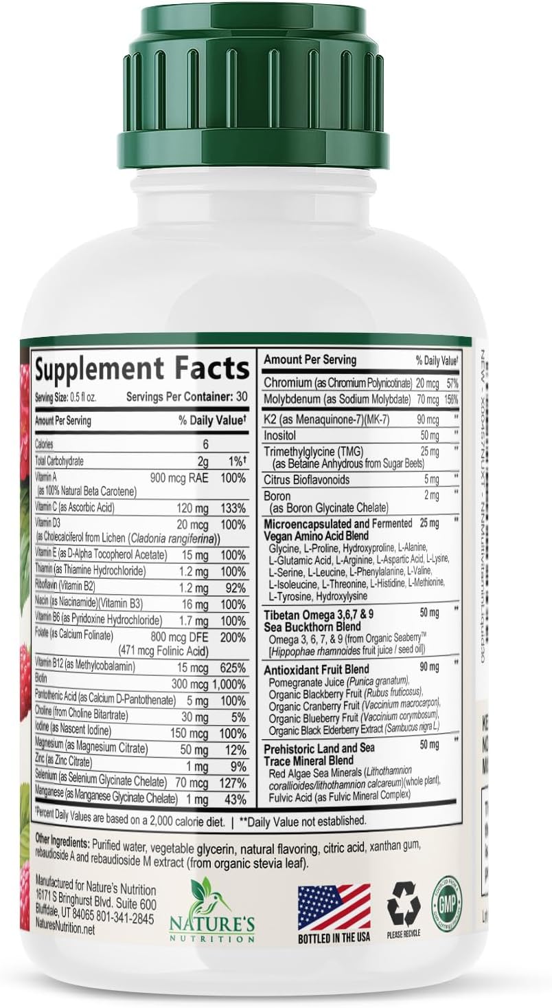 Multivitamínico Líquido Sin Azúcar - Para Mujeres, Hombres y Niños - Vitaminas A, C, D, B12, Biotina y Zinc - Apoya el Crecimiento del Cabello y la Piel - Vegano, No-GMO, Sabor a Bayas, 444 ml