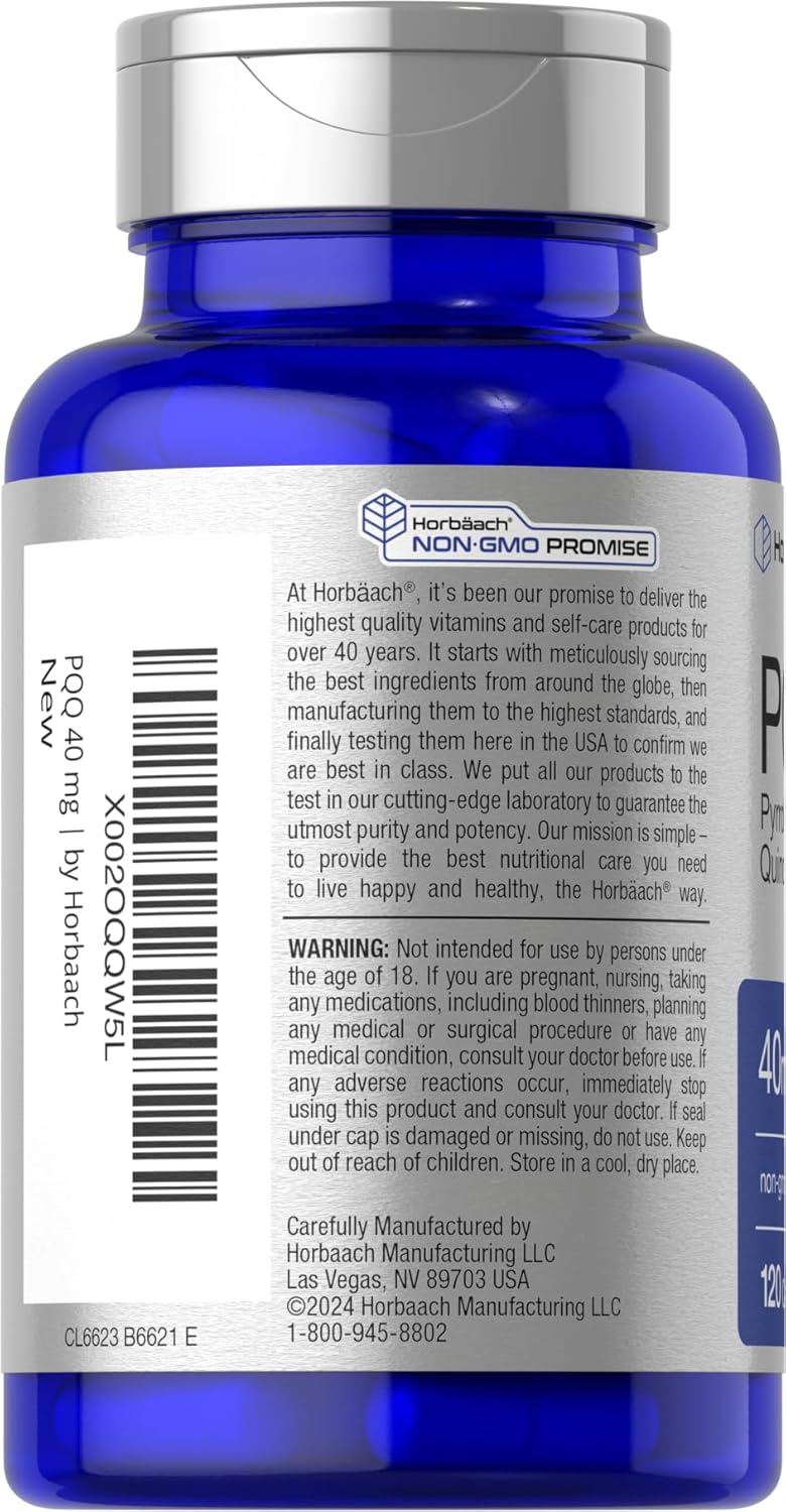 Horbäach Suplemento de PQQ 40 mg | 120 Cápsulas | Máxima Potencia | Sin Gluten y No-GMO