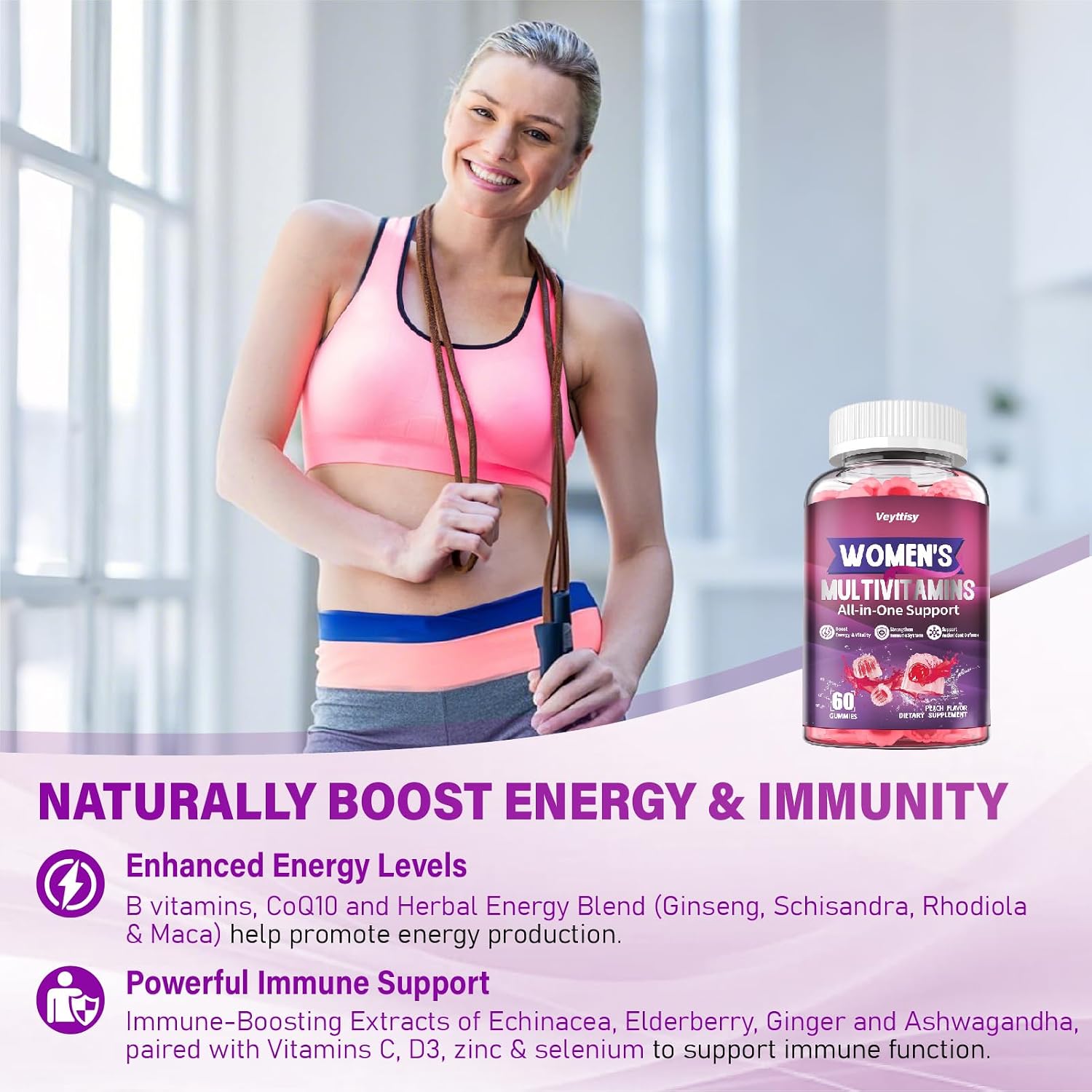 Veyttisy Multivitamínico Metilado Gummy para Mujer - Gominolas Multivitamínicas con Vitaminas A, C, D, E, Folato Metilado, Biotina, Complejo B, Hierro, CoQ10, Inositol - 120 uds