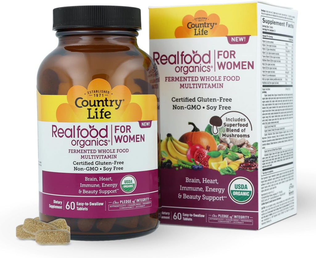 Country Life Realfood Organics Multivitamínico para Mujeres – Orgánico, Vegano, Sin Gluten – 1300mg Alimentos Integrales Fermentados – 60 Comprimidos