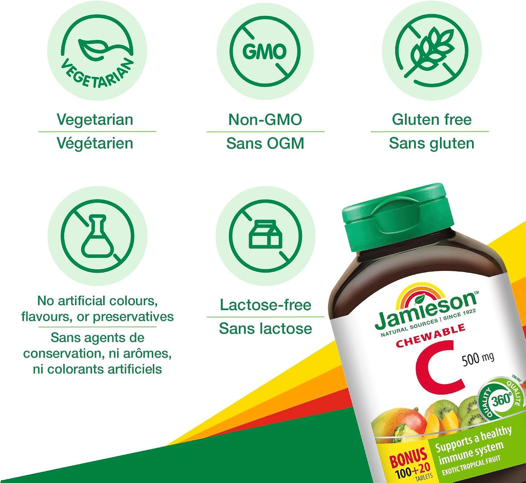 Jamieson Vitamina C Masticable 500 mg Sabor Frutas Tropicales, 120 Comprimidos