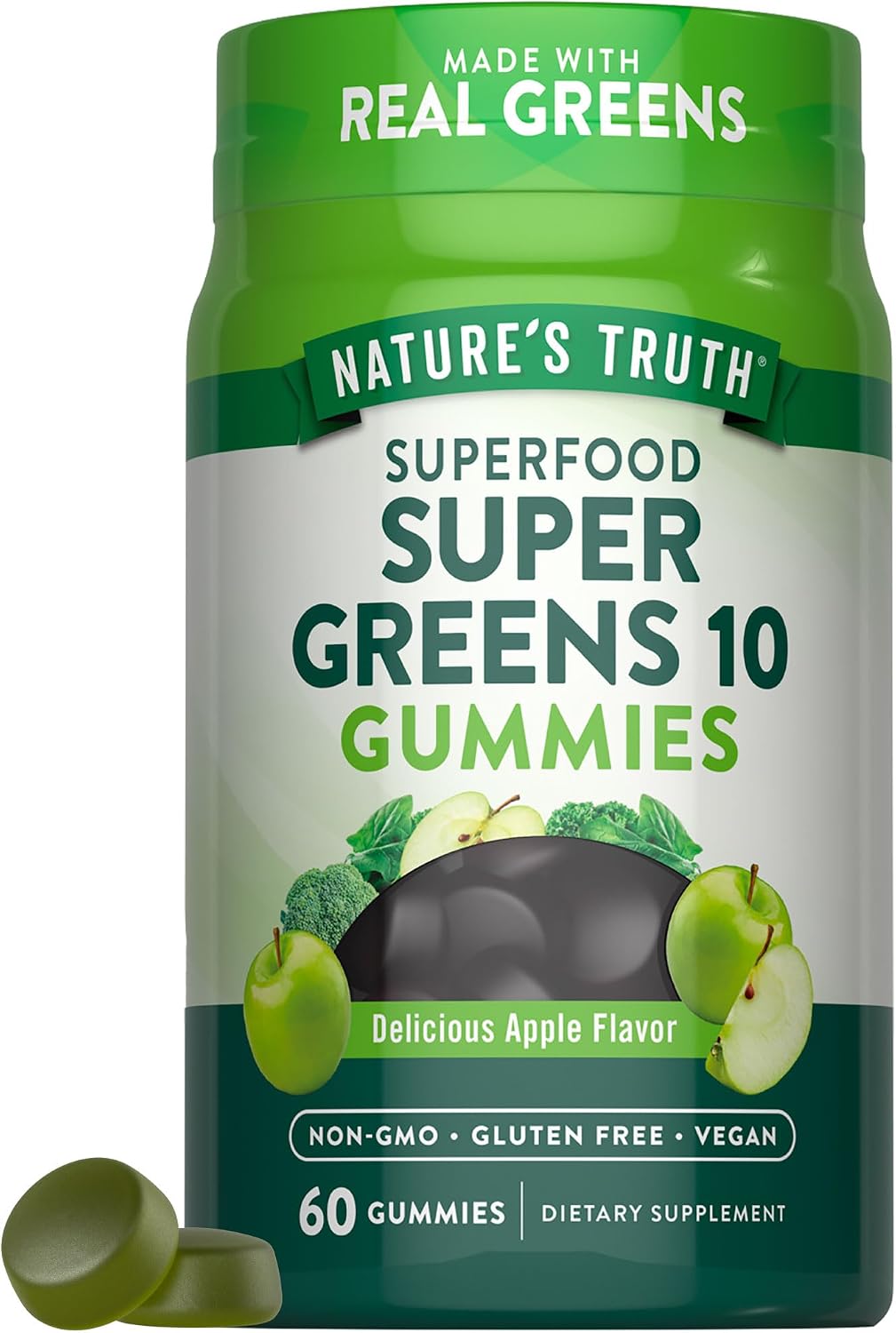 Nature's Truth Super Greens Gummies | 60 uds | Vegano y sin OMG | Con verduras reales | Sabor a manzana