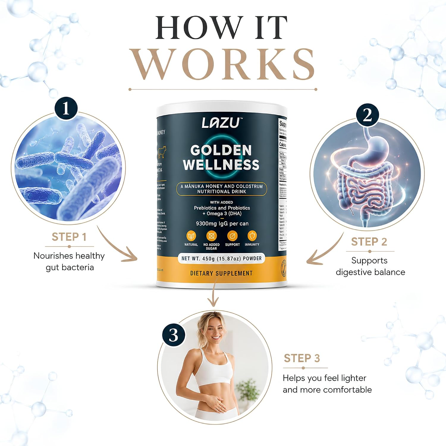 Lazu Golden Wellness Colostro Bovino con Miel de Manuka, Probióticos y Omega-3 - 450g