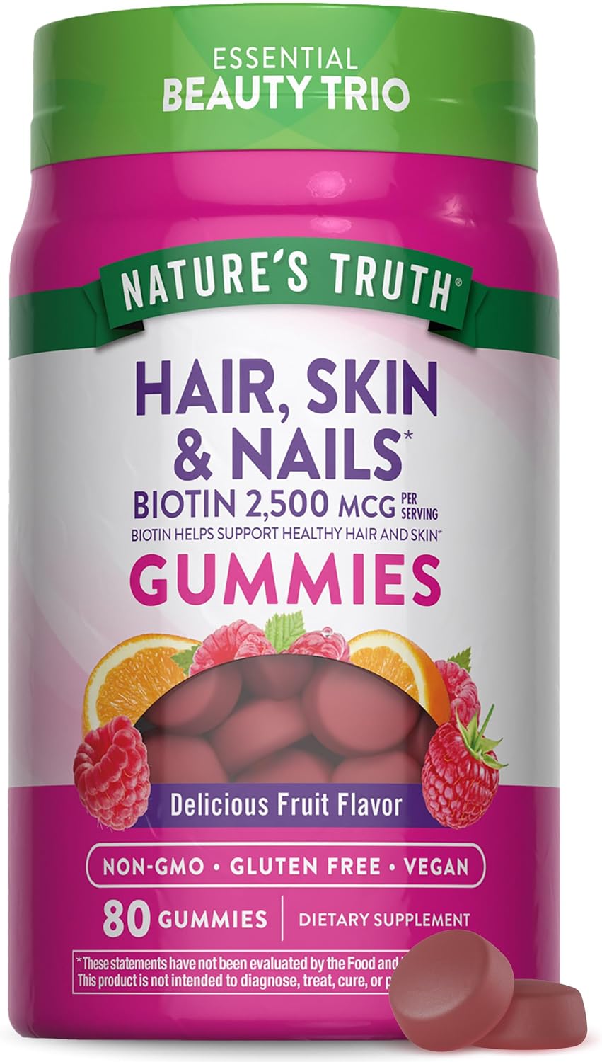 Nature's Truth Gominolas para Cabello, Piel y Uñas | 80 Gominolas | 2500mcg de Biotina | Vegano, Sin Gluten | Suplemento para Mujeres y Hombres