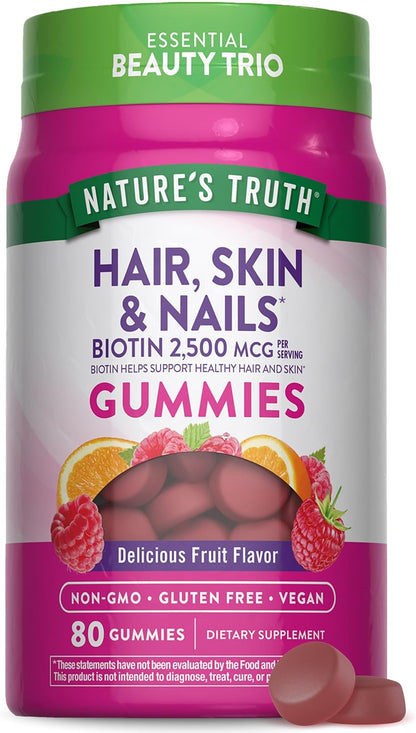 Nature's Truth Gominolas para Cabello, Piel y Uñas | 80 Gominolas | 2500mcg de Biotina | Vegano, Sin Gluten | Suplemento – Image 1
