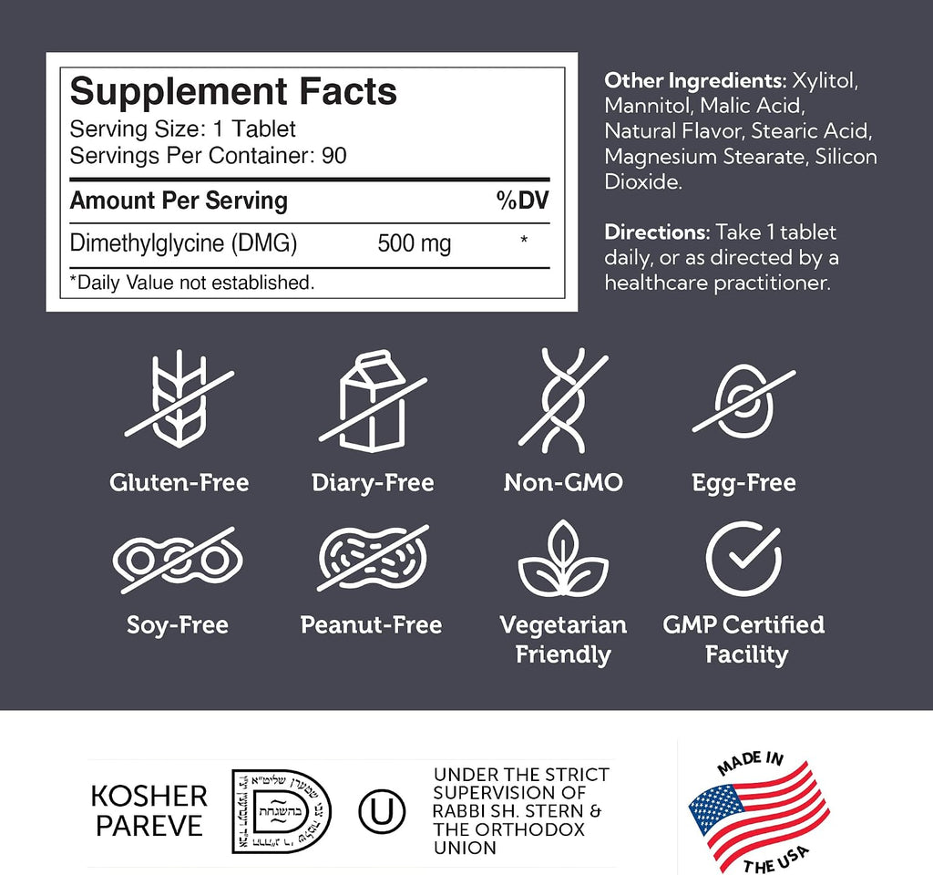 Zahler DMG 500 mg - Suplemento de dimetilglicina para resistencia y apoyo inmunológico - 90 comprimidos kosher