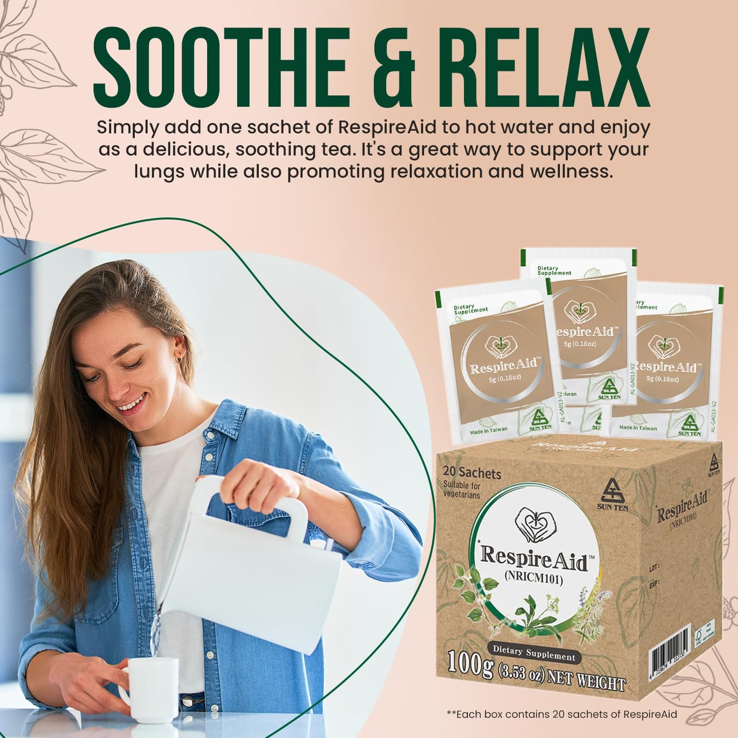 Sun Ten RespireAid – Infusión Herbal Natural para el Apoyo Respiratorio – 20 Sobres (100g)