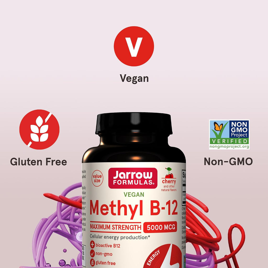 Jarrow Formulas Vitamina B12 5000 mcg - Metilcobalamina Activa, 90 Comprimidos Masticables Sabor Cereza
