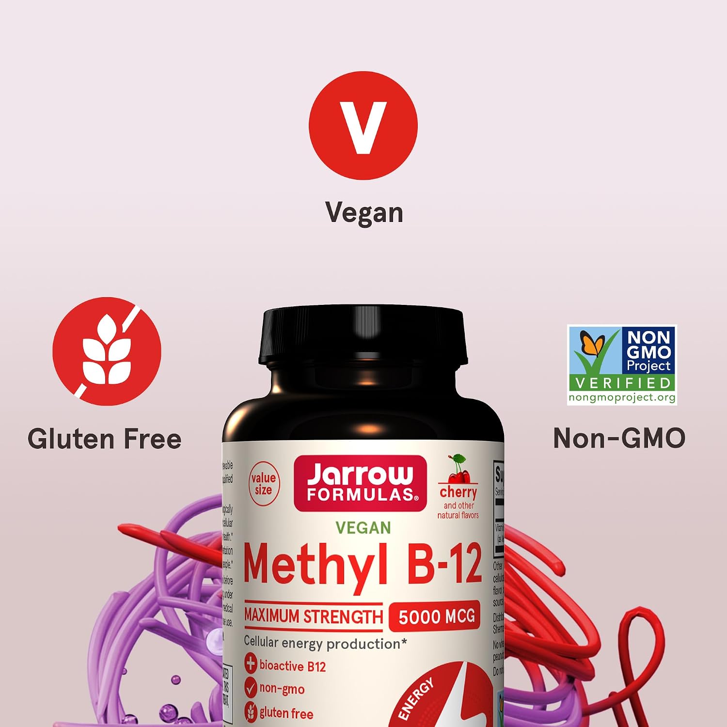 Jarrow Formulas Vitamina B12 5000 mcg - Metilcobalamina Activa, 90 Comprimidos Masticables Sabor Cereza