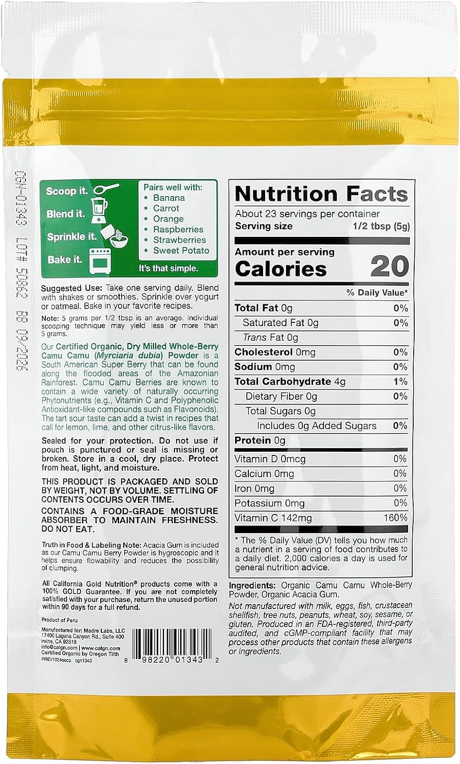 California Gold Nutrition Superfoods, Camu Camu en Polvo Orgánico, 114 g