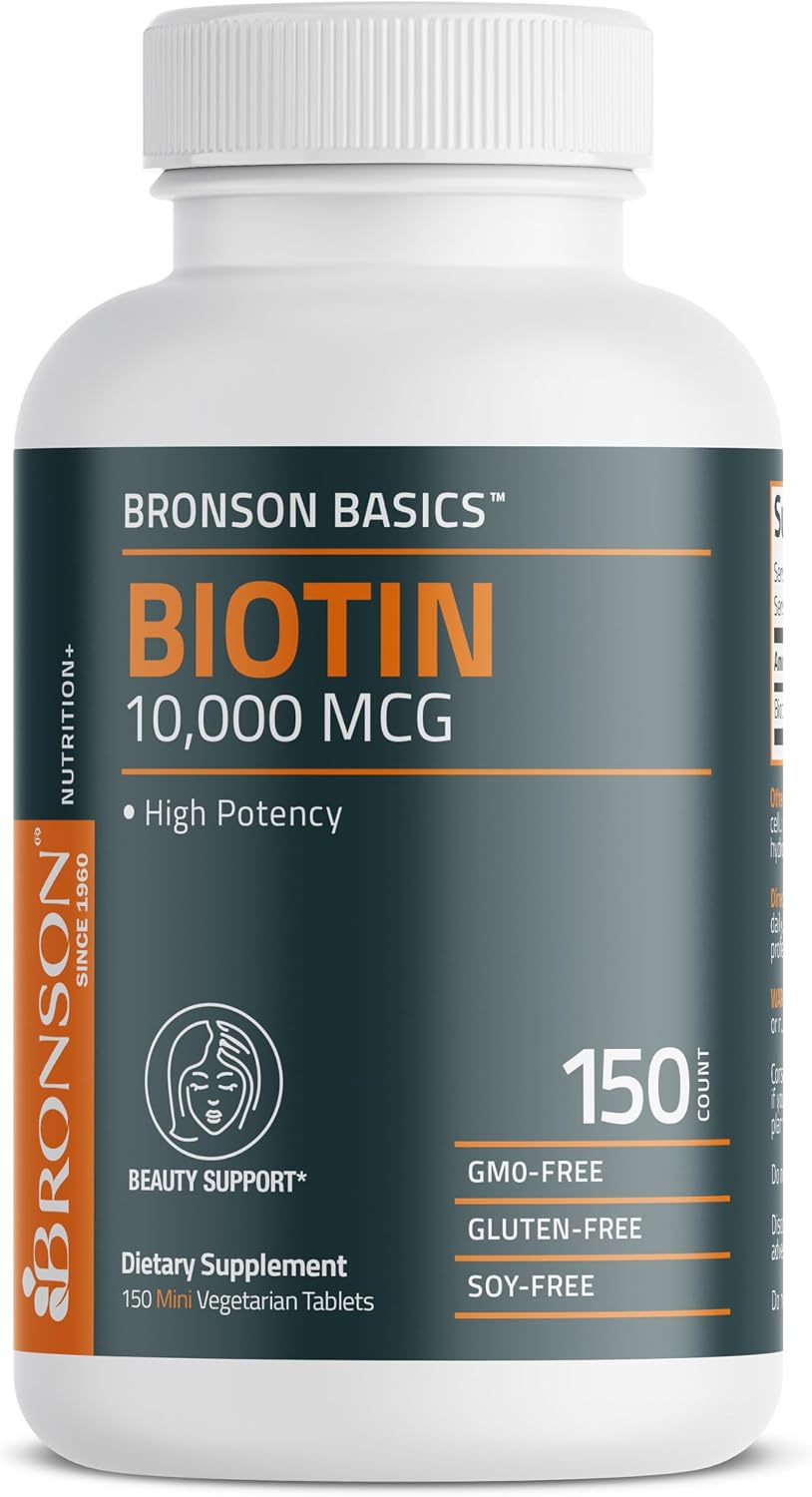 Bronson Biotina 10,000 mcg – Cabello, Piel y Uñas – Vegano – No Transgénico – 150 Comprimidos
