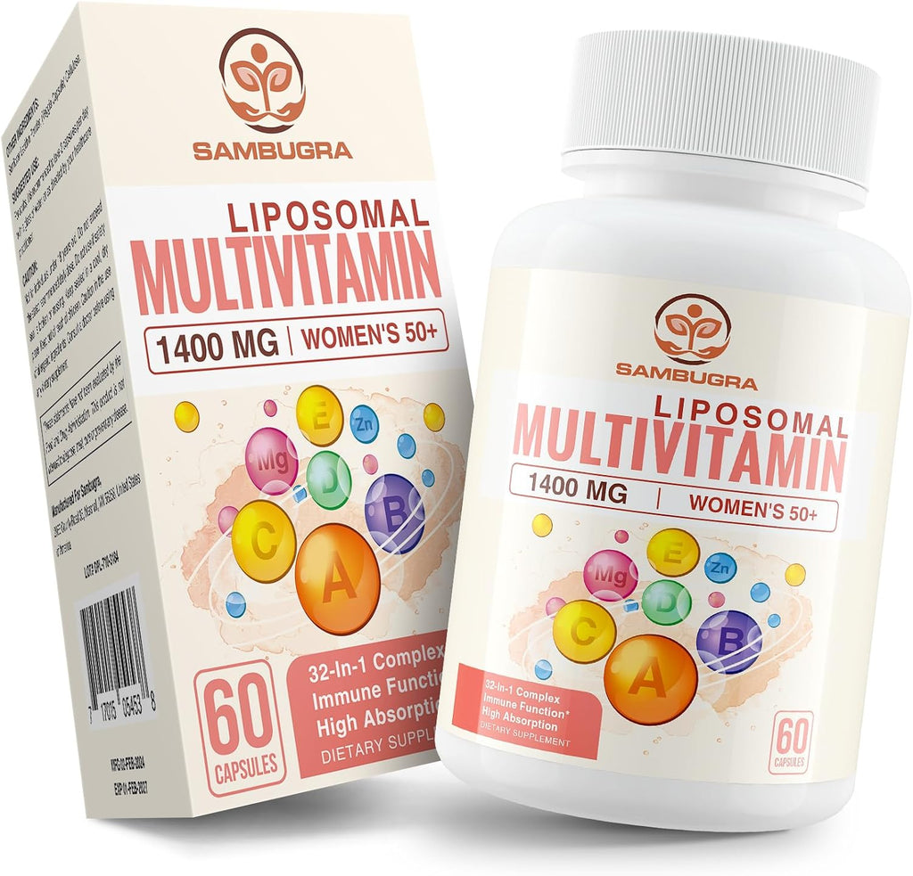 Sambugra Multivitamínico Liposomal para Mujeres 50+ - 32 Ingredientes con CoQ10, Vitaminas C, B, D, E - Sin Hierro (60 Cápsulas)