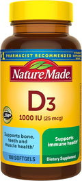 Nature Made Vitamin D3 1000 IU (25 mcg) - Supplement for Bone, Teeth, Muscle & Immune System Support - 100 Softgels