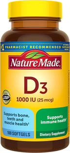 Nature Made Vitamin D3 1000 IU (25 mcg) - Supplement for Bone, Teeth, Muscle & Immune System Support - 100 Softgels