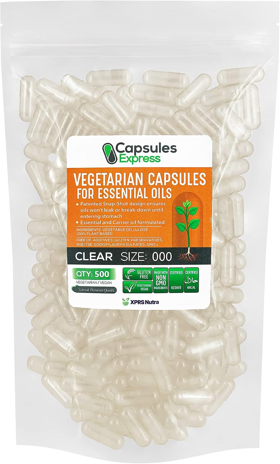 XPRS Nutra Cápsulas Veganas Vacías Tamaño 0 - 100 Unidades Transparentes para Aceites Esenciales