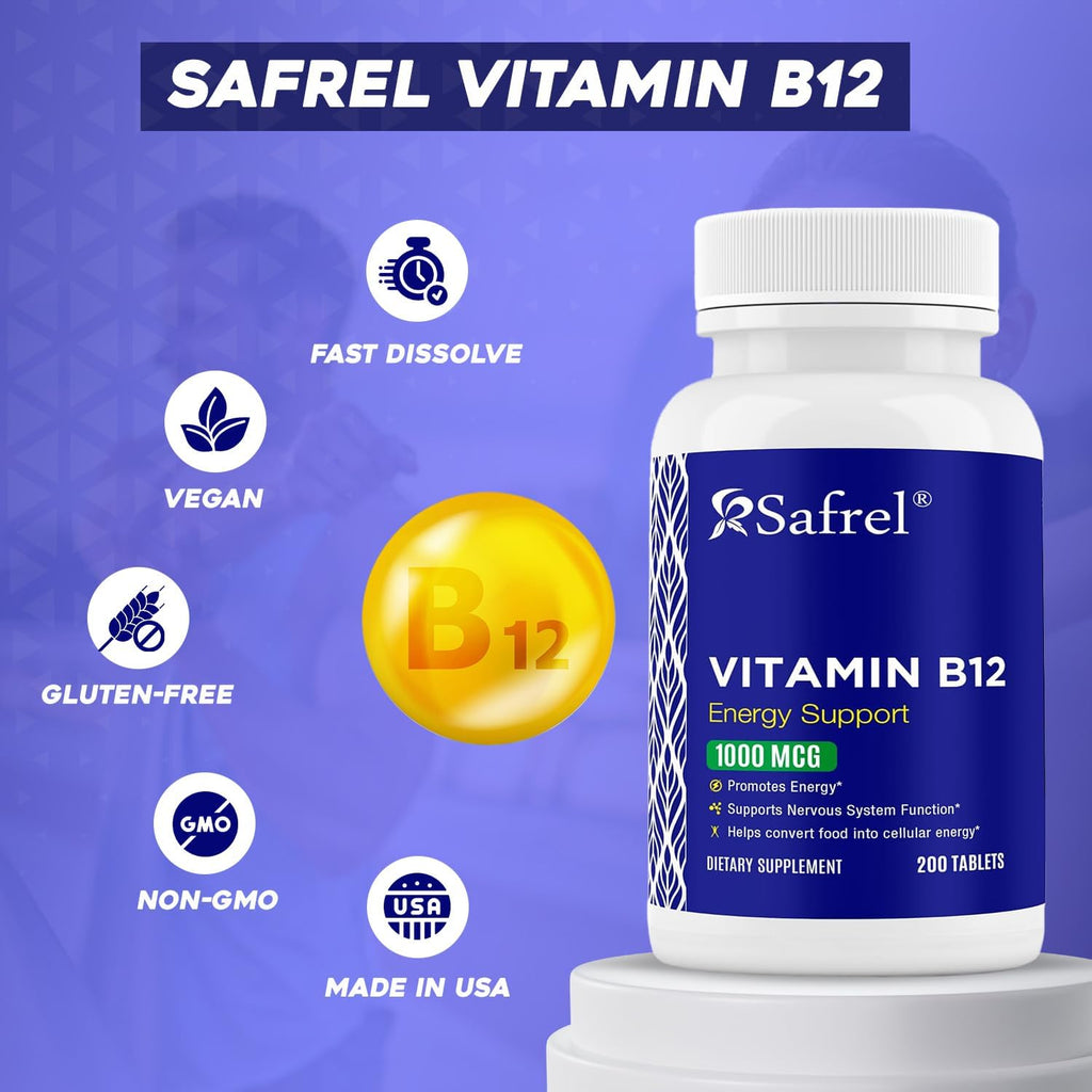 Safrel Vitamina B12 1000 mcg - 200 Comprimidos - Vegano, Sin Gluten, Sin Colorantes
