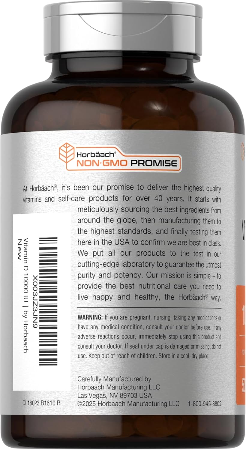 Horbäach Vitamina D3 10000 IU - 500 Softgels | Suplemento No-GMO, Sin Gluten, Alta Potencia (250 mcg)