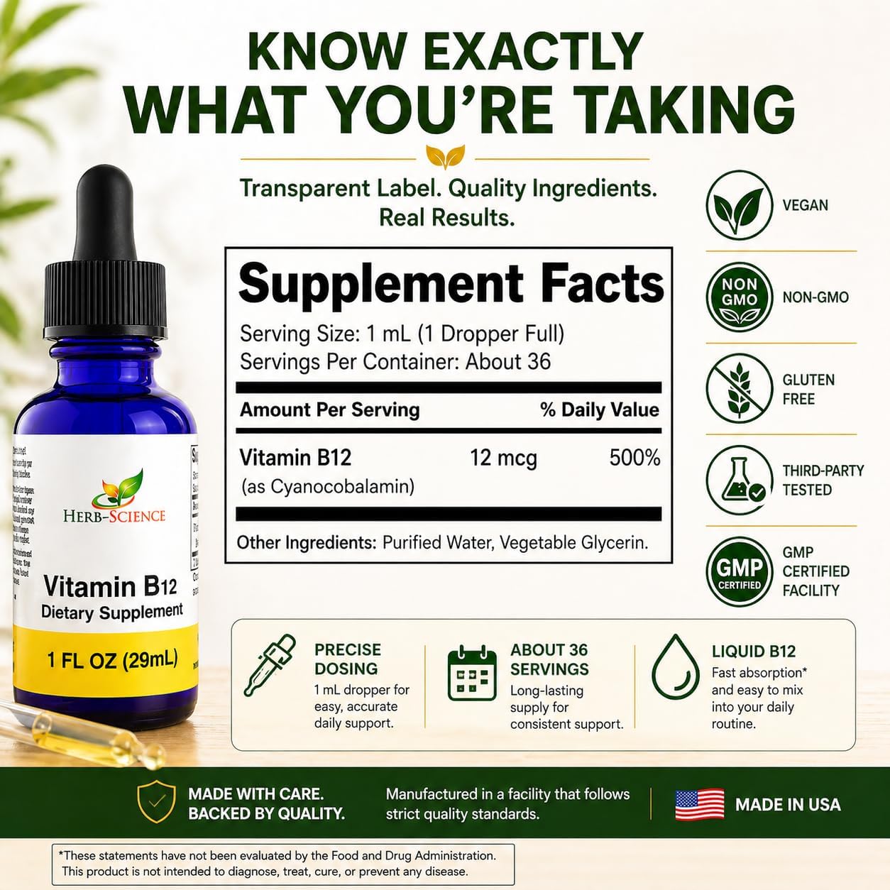 Herb-Science Vitamina B12 Líquida – Gotas Sublinguales de Cianocobalamina, Vegano, Sin Alcohol, 30 ml
