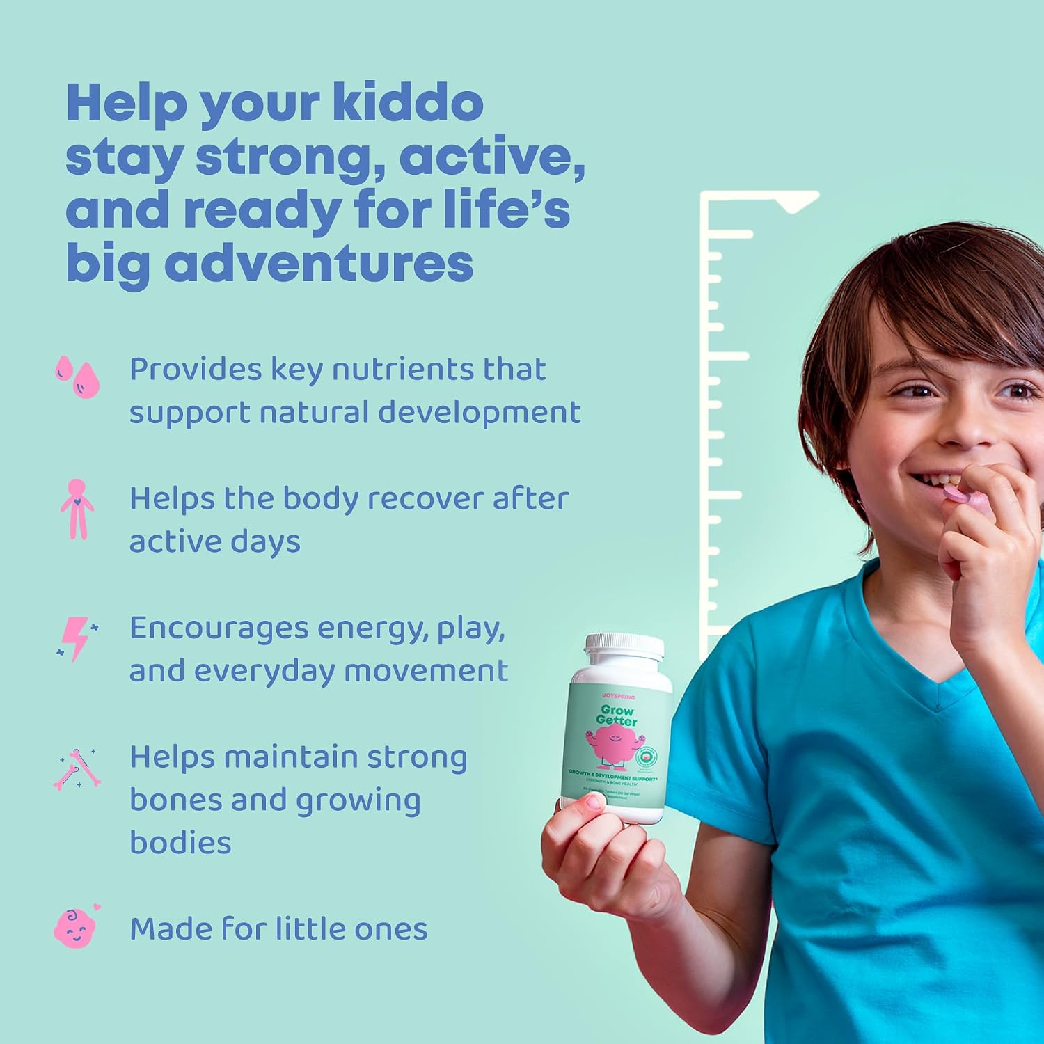JoySpring Vitaminas de Crecimiento para Niños y Adolescentes - Apoyo a la Altura y Huesos Fuertes - Sin Azúcar - L-Arginina, L-Lisina, Zinc, Vitamina D y K2 - 30 Comprimibles