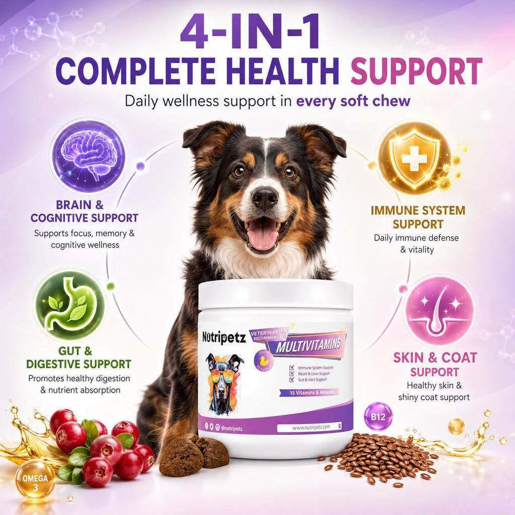 Nutripetz Suplemento Multivitamínico para Perros y Gatos, 120 Masticables Sabor Pato con Glucosamina y Probióticos