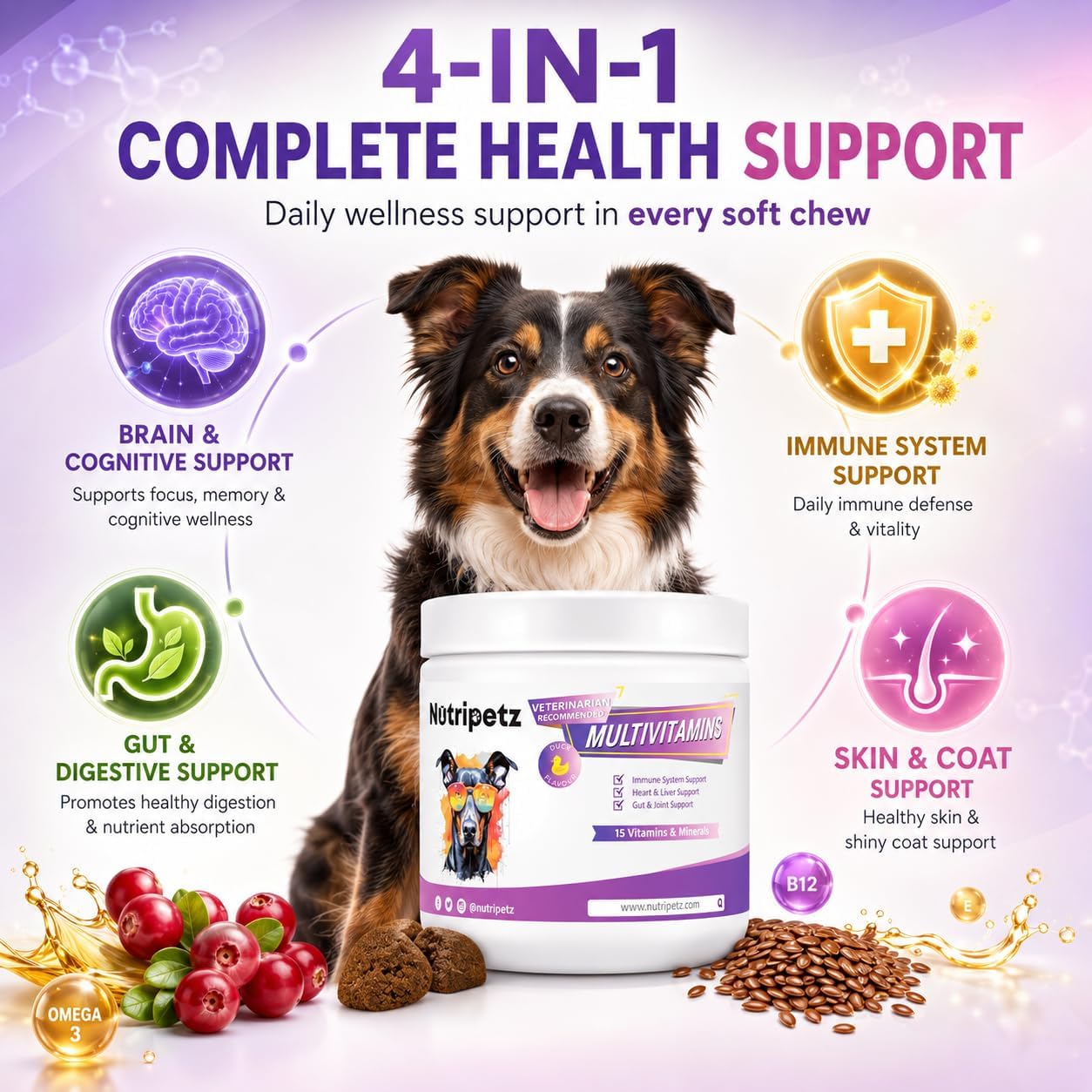Nutripetz Suplemento Multivitamínico para Perros y Gatos, 120 Masticables Sabor Pato con Glucosamina y Probióticos