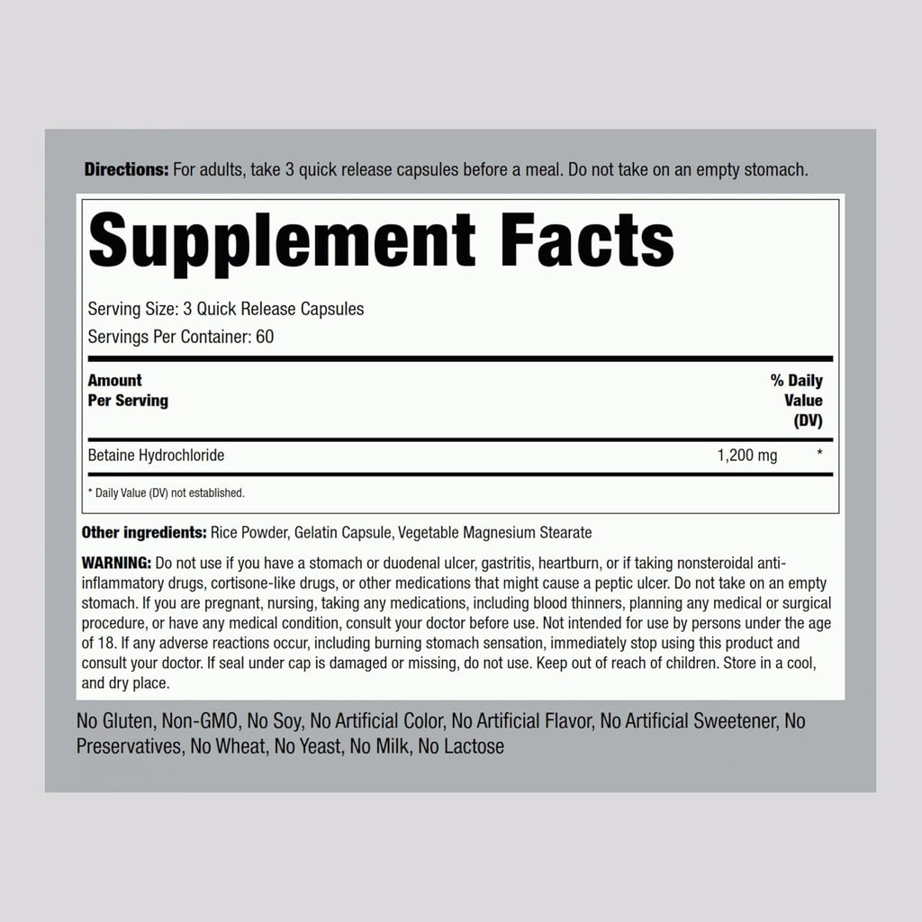 Piping Rock Betaine HCL 1200 mg, 180 Cápsulas