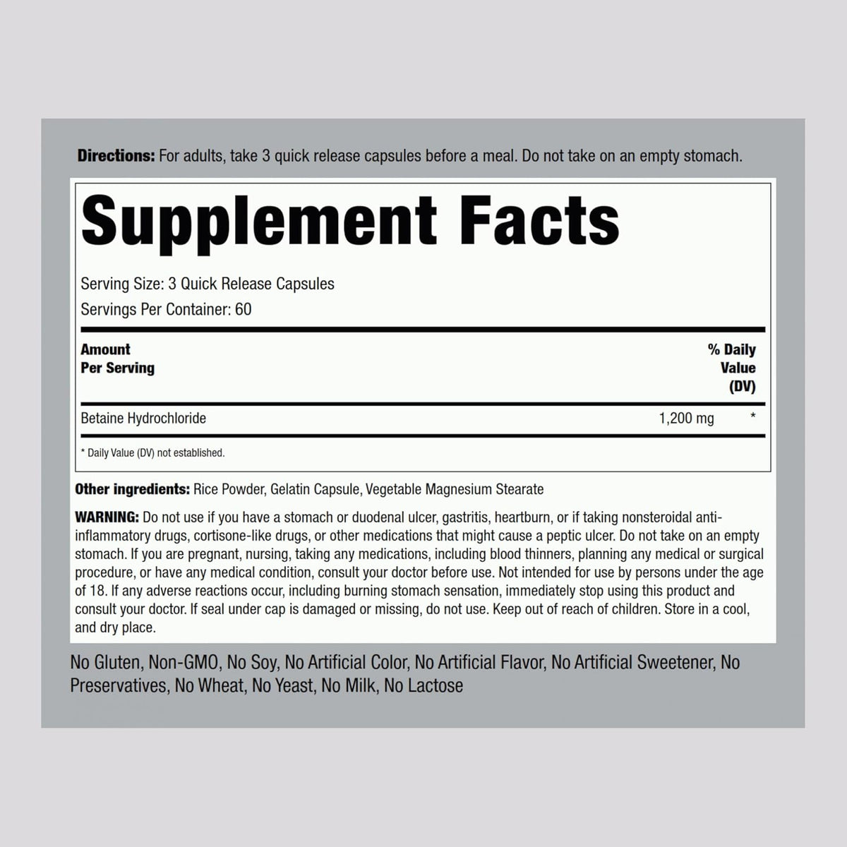 Piping Rock Betaine HCL 1200 mg, 180 Cápsulas – Image 2