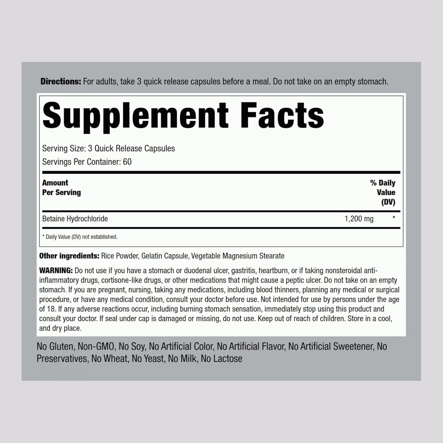 Piping Rock Betaine HCL 1200 mg, 180 Cápsulas