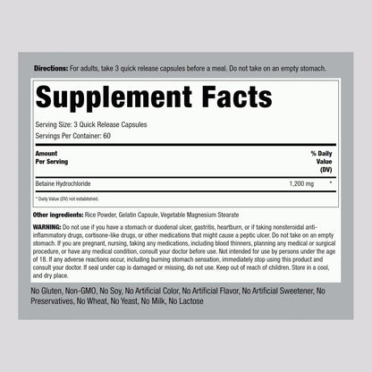 Piping Rock Betaine HCL 1200 mg, 180 Cápsulas – Image 2