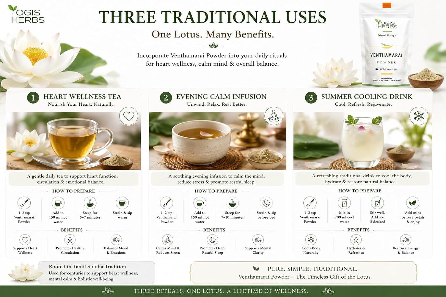 YOGIS HERBS Polvo de Venthamarai - Polvo de Loto Blanco (Nelumbo Nucifera) - Hierba Tradicional Siddha Tamil - Pétalos Puros en Polvo