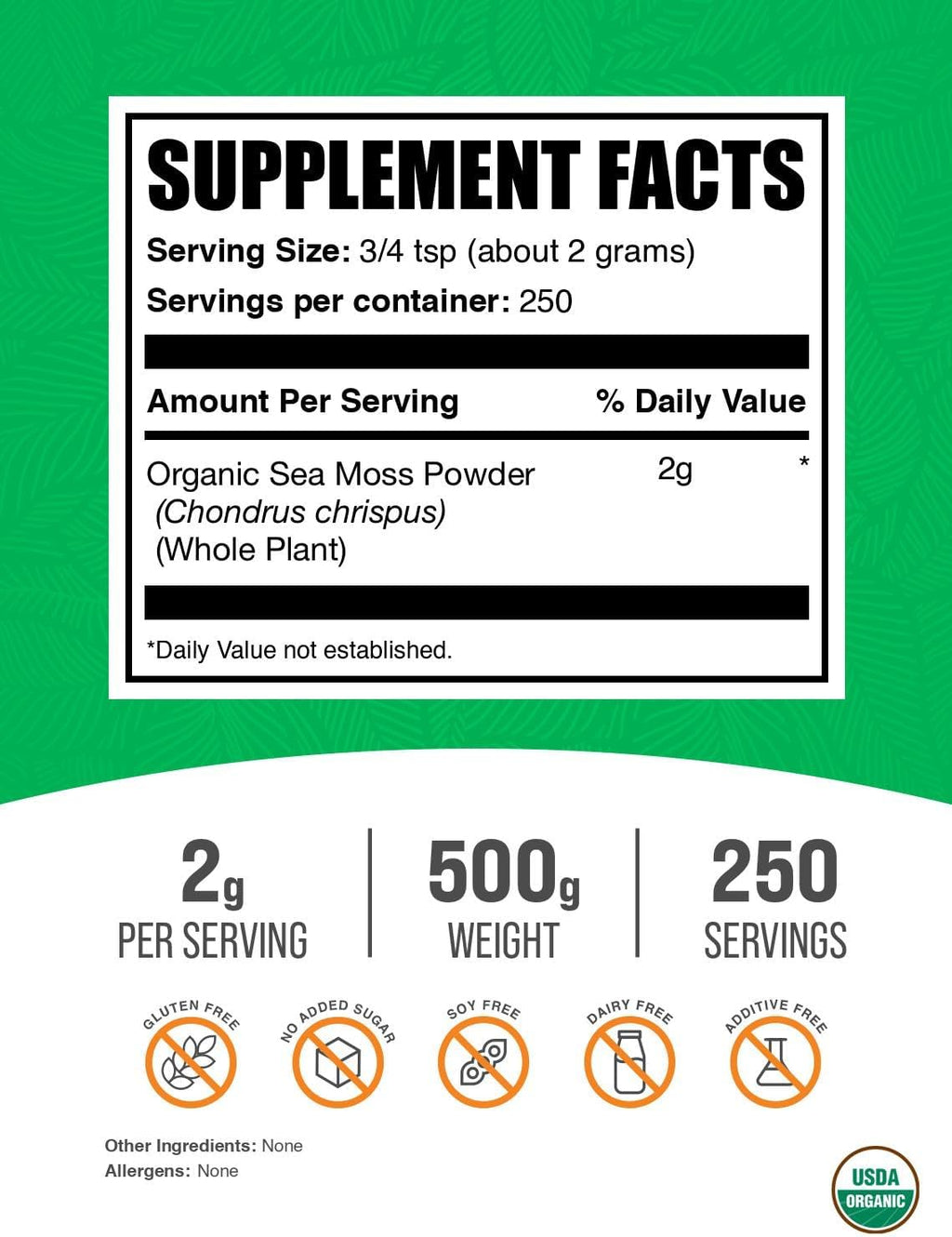 BulkSupplements.com Musgo Marino Irlandés Orgánico en Polvo - Suplemento de Musgo Marino, Superalimento - Vegano y Sin Gluten, 2g por Ración, 500g (1.1 lbs)