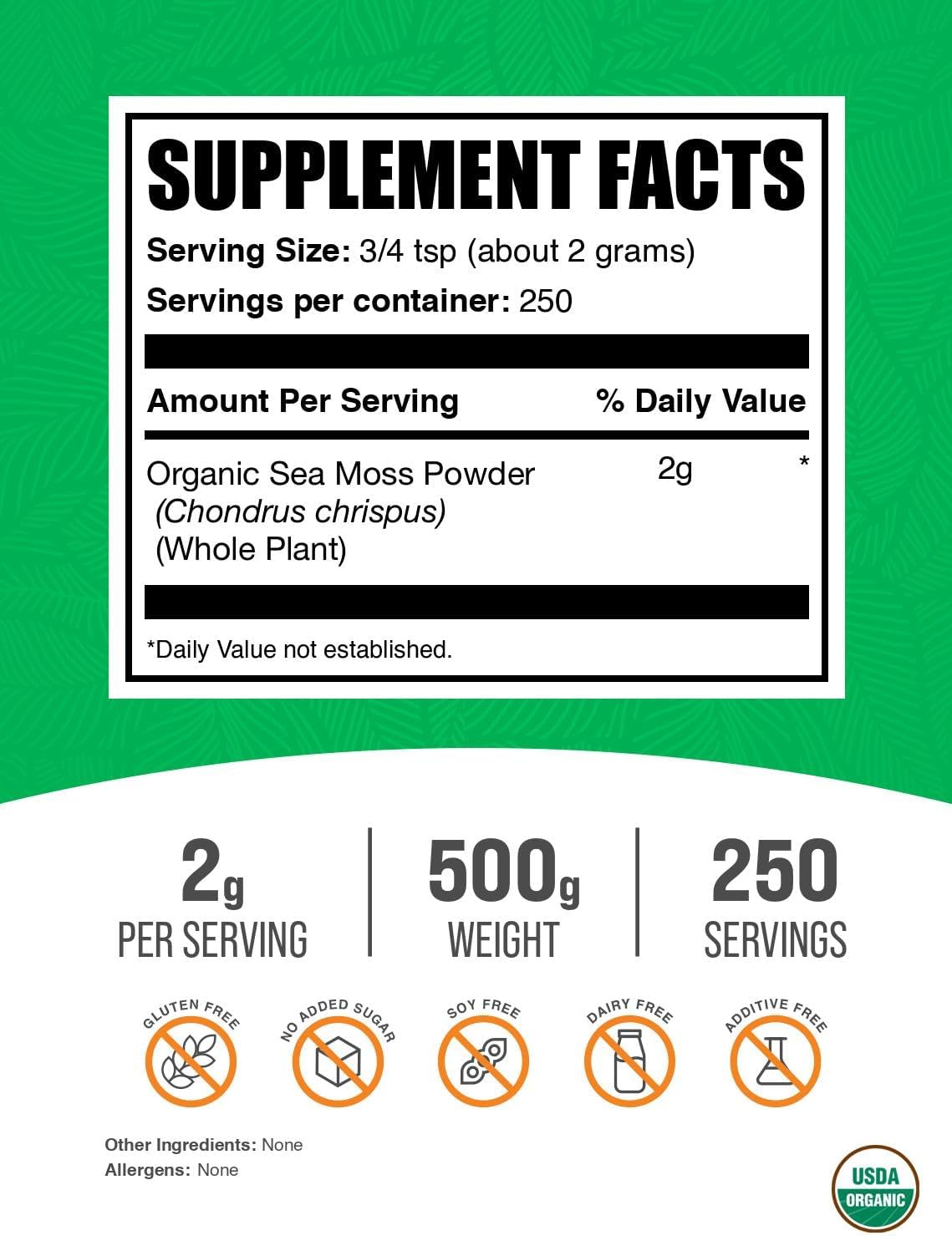 BulkSupplements.com Musgo Marino Irlandés Orgánico en Polvo - Suplemento de Musgo Marino, Superalimento - Vegano y Sin Gluten, 2g por Ración, 500g (1.1 lbs)