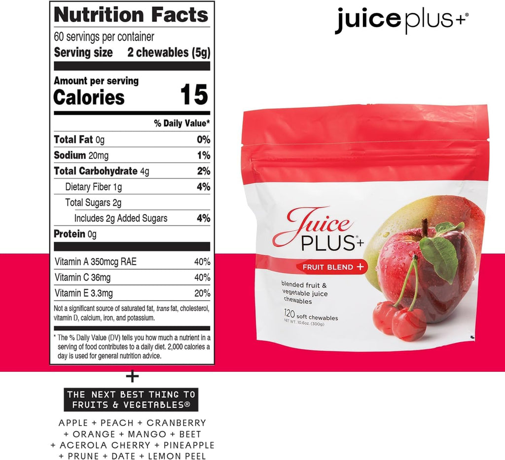 Juice Plus+ Fruit Blend Gummy Vitamins – Gomitas multivitamínicas veganas con 11 frutas y verduras, 120 unidades