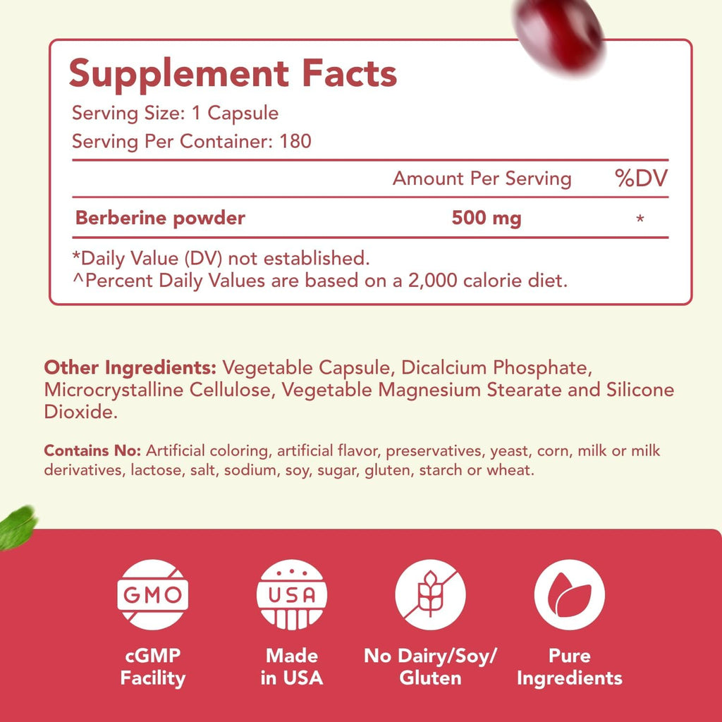 High Strength Berberina 500mg con Quercetina - Complemento Vegano (180 Cápsulas)