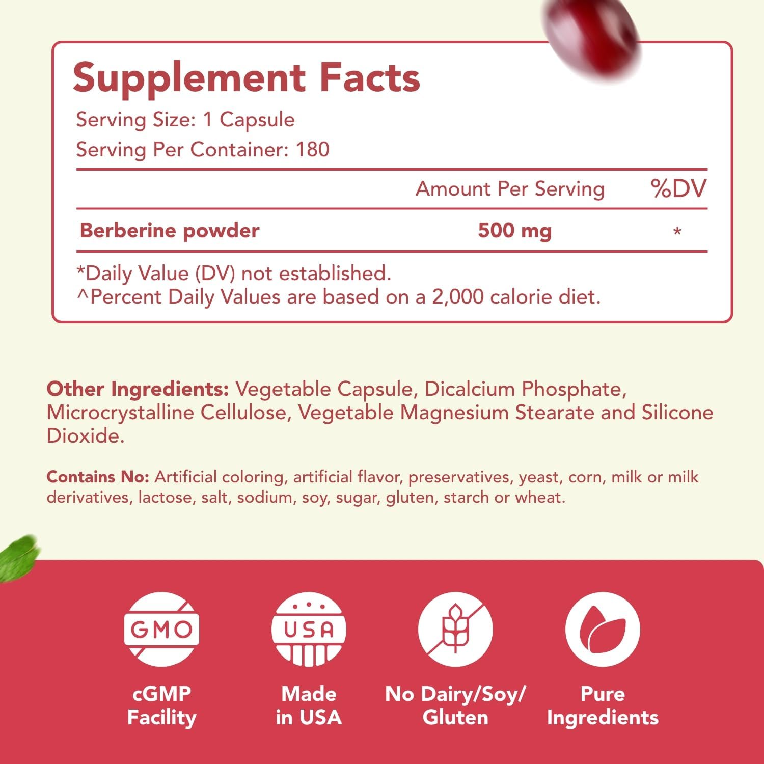 High Strength Berberina 500mg con Quercetina - Complemento Vegano (180 Cápsulas)