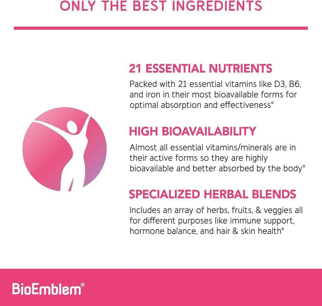 BioEmblem Multivitamínico para Mujeres - Completo Diario con Vitaminas, Minerales, Colágeno y Extractos Vegetales - 90 Cápsulas