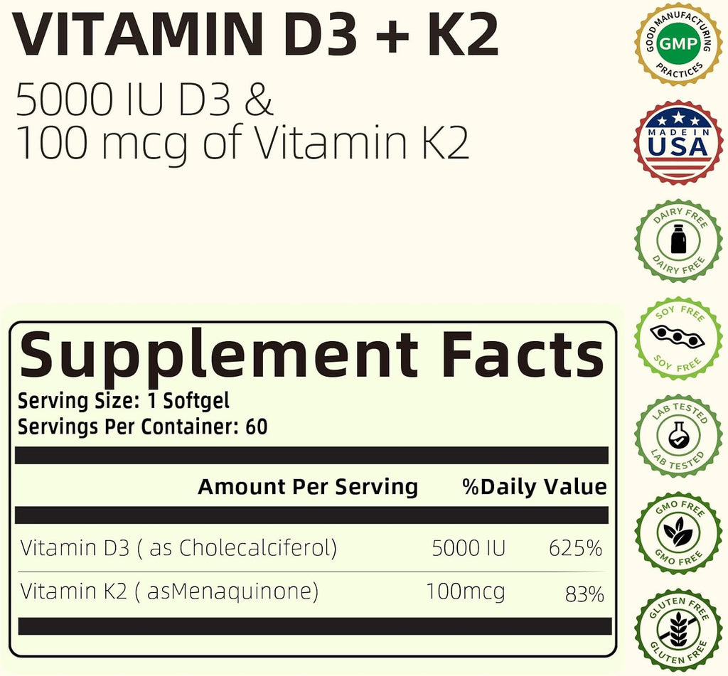 HappieVita Vitamina D3 K2, 5000 UI (125 mcg) + Vitamina K2 100 mcg, 2 en 1, 60 Cápsulas Blandas