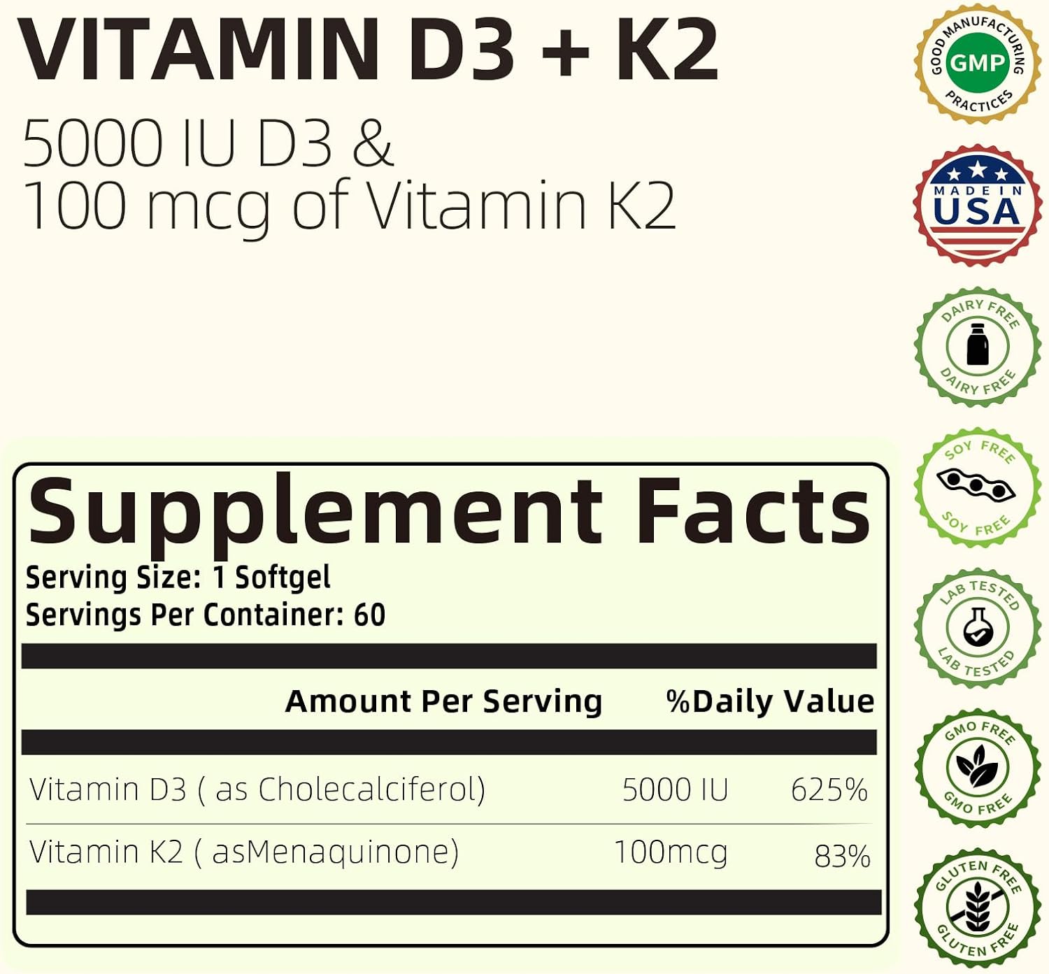 HappieVita Vitamina D3 K2, 5000 UI (125 mcg) + Vitamina K2 100 mcg, 2 en 1, 60 Cápsulas Blandas