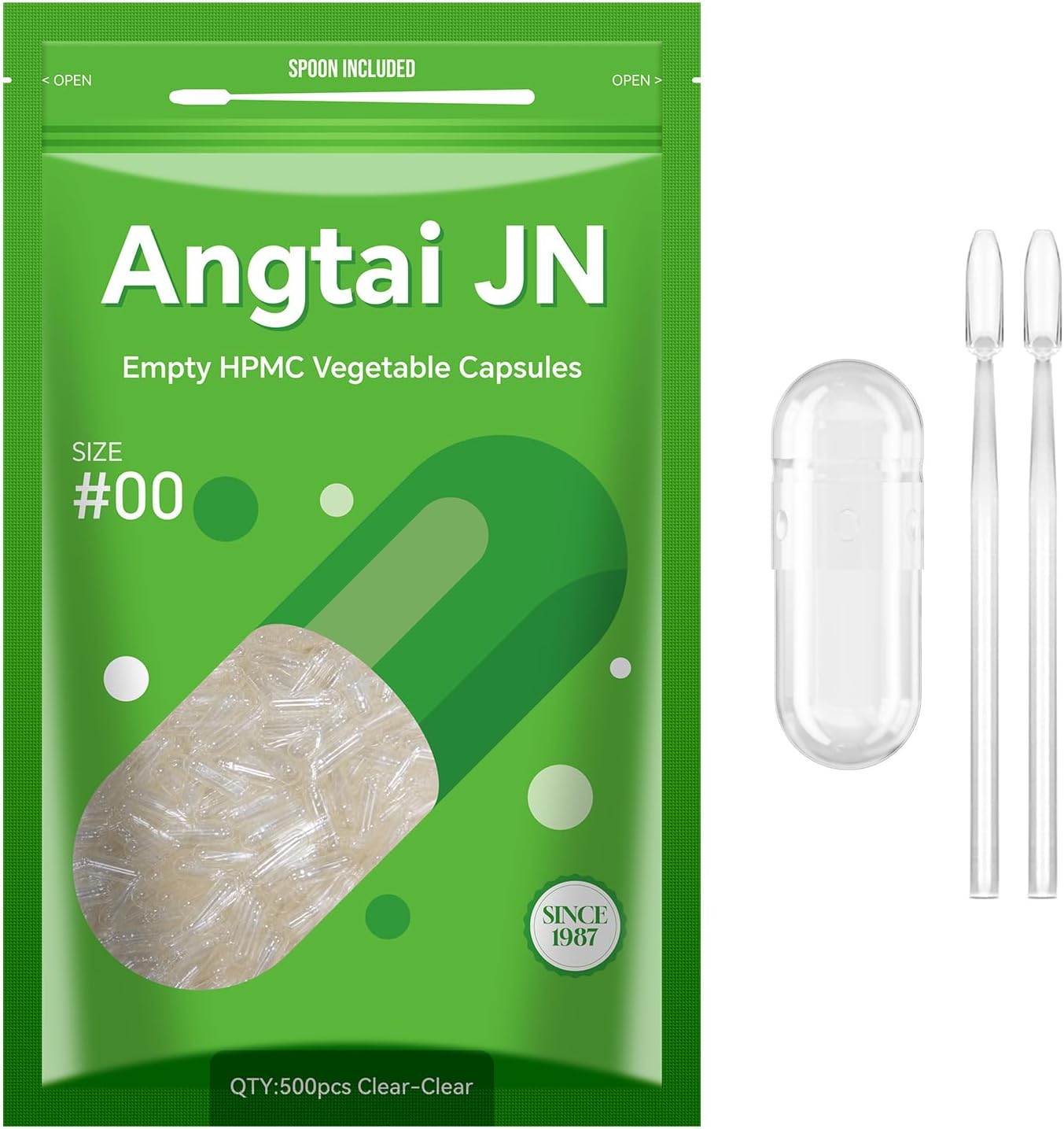 Cápsulas Vegetales Vacías AngtaiJN - 500 Unidades, Tamaño 00, Transparentes, con Cuchara Micro Lab