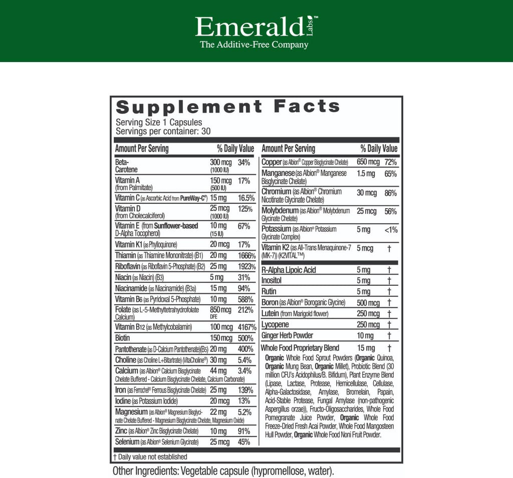 Emerald Labs Prenatal 1-Daily Multi - Multivitamínico Prenatal con Folato Metilado, Hierro, Mezcla de Alimentos Integrales - Sin Soja, Sin Gluten - 30 Cápsulas Vegetales