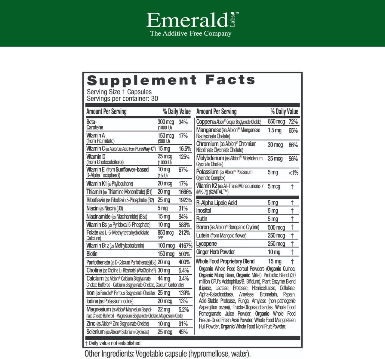 Emerald Labs Prenatal 1-Daily Multi - Multivitamínico Prenatal con Folato Metilado, Hierro, Mezcla de Alimentos Integrales - Sin Soja, Sin Gluten - 30 Cápsulas Vegetales