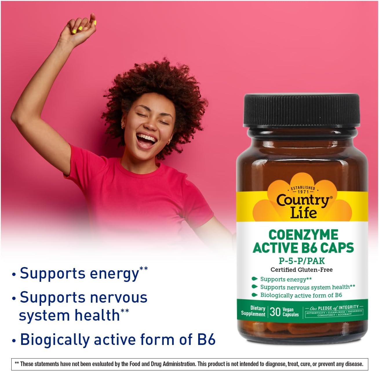Country Life Coenzyme Active B-6 - 50 mg Vitamina B6 (P-5-P) - 30 Cápsulas Vegetales