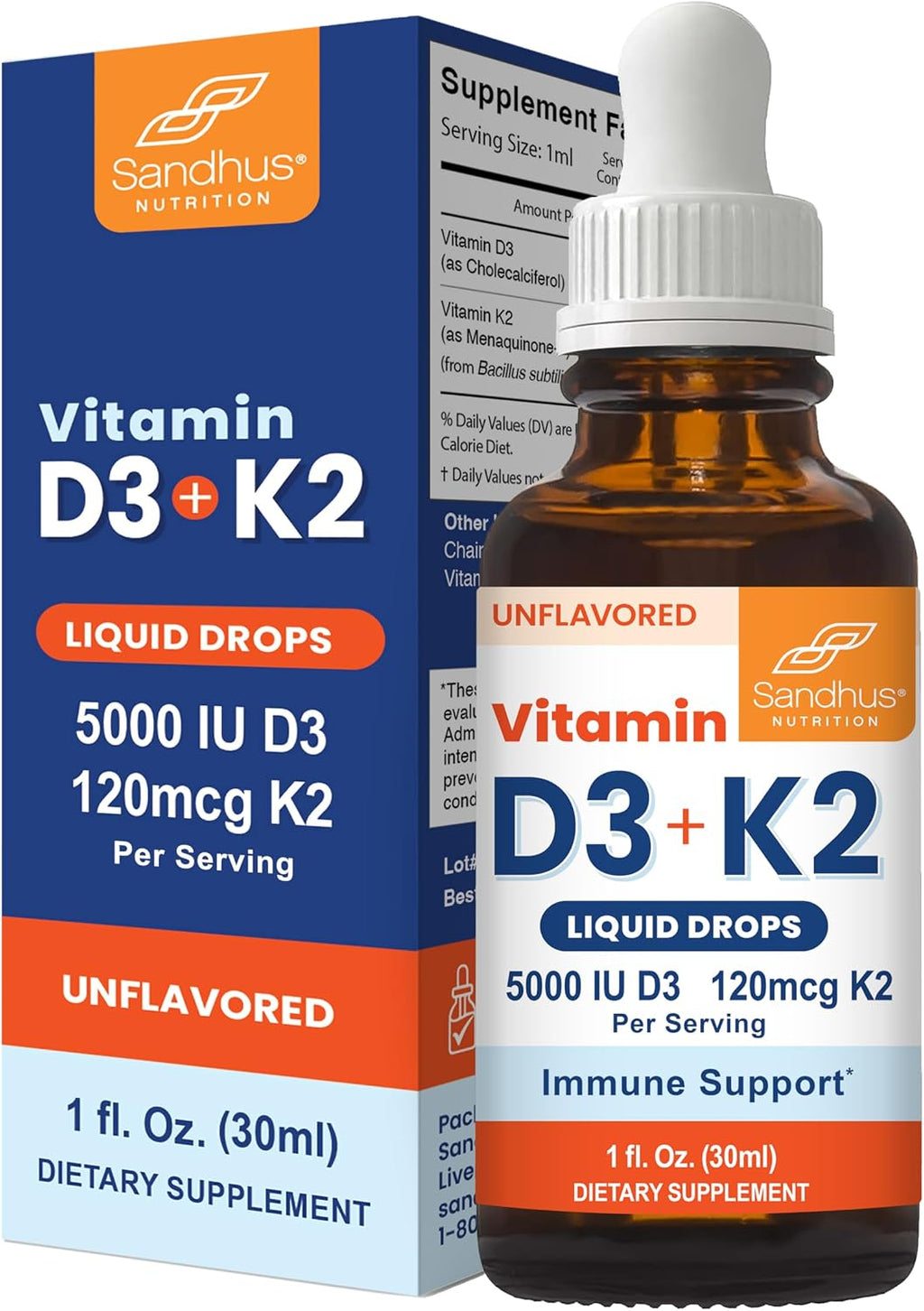 Sandhu's Gotas de Vitamina D3 y K2 para Adultos | 5000 UI D3, 120 mcg K2, 2 x 30 ml