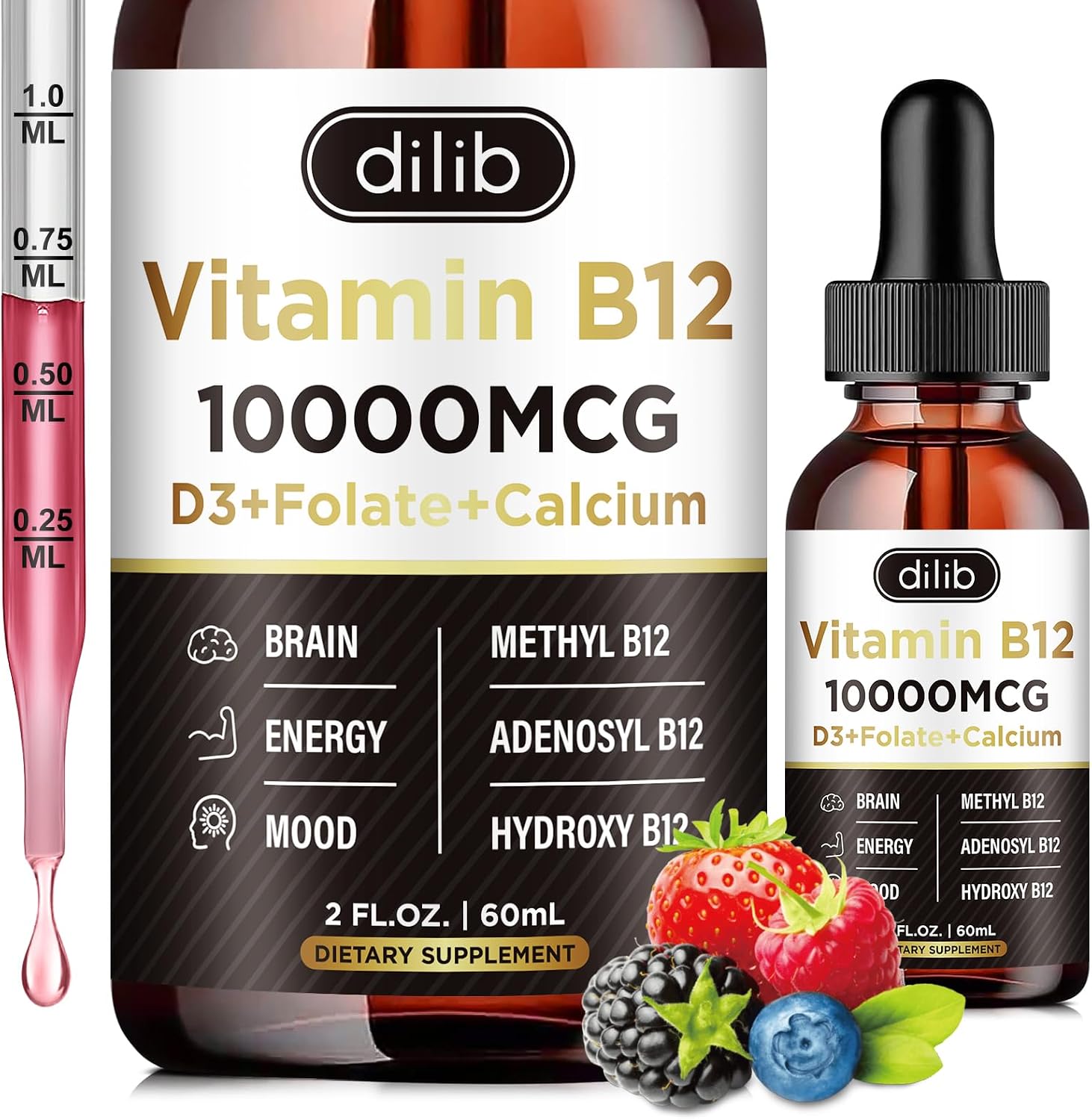 Complex Vitamina B12 10000 mcg | Gotas Sublinguales Veganas con Metilcobalamina, Adenosilcobalamina e Hidroxocobalamina | Sabor a Bayas Mixtas