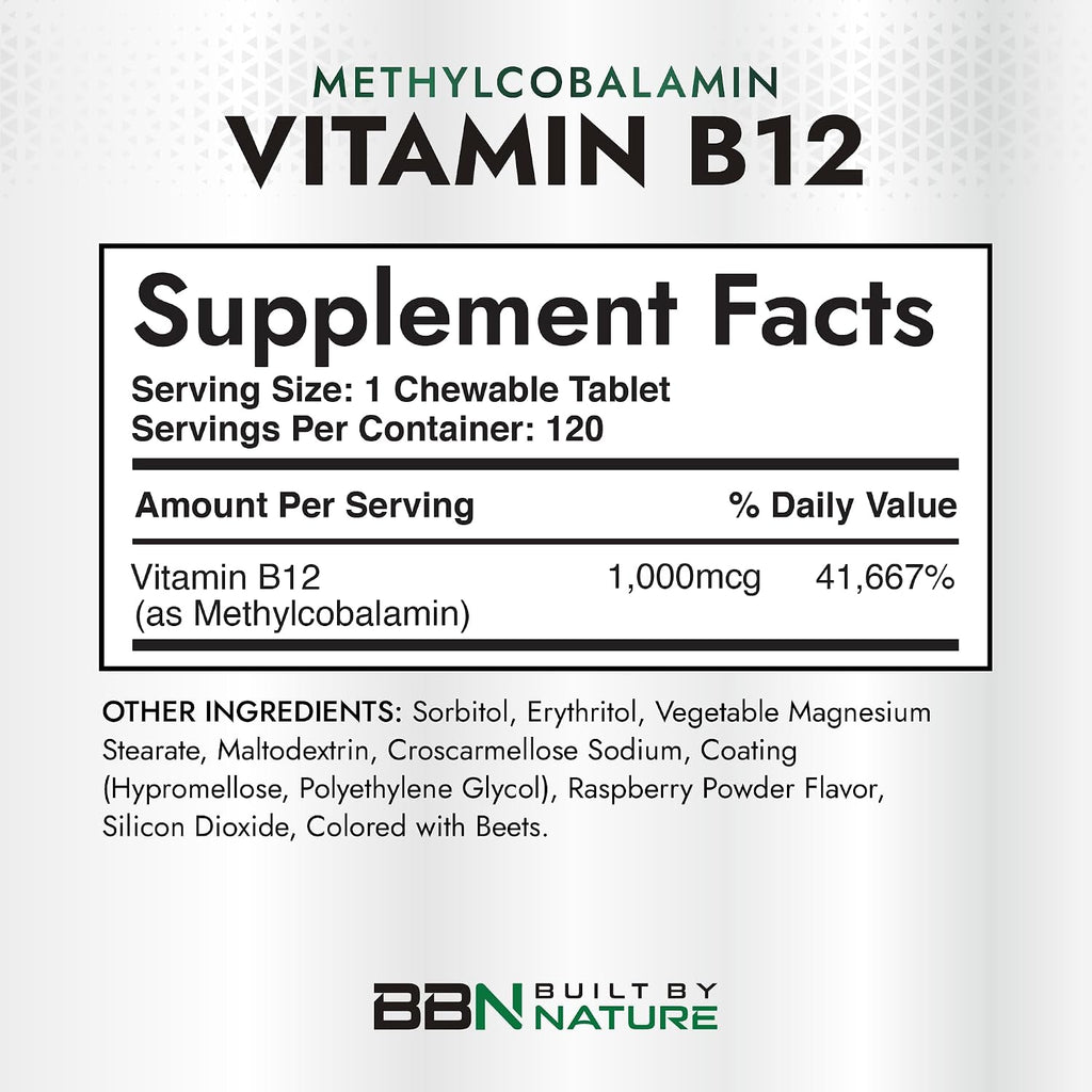 Built by Nature Vitamina B12 1000 mcg Metilcobalamina, Comprimidos Sublinguales Sabor a Bayas, 120 unidades (4 meses)