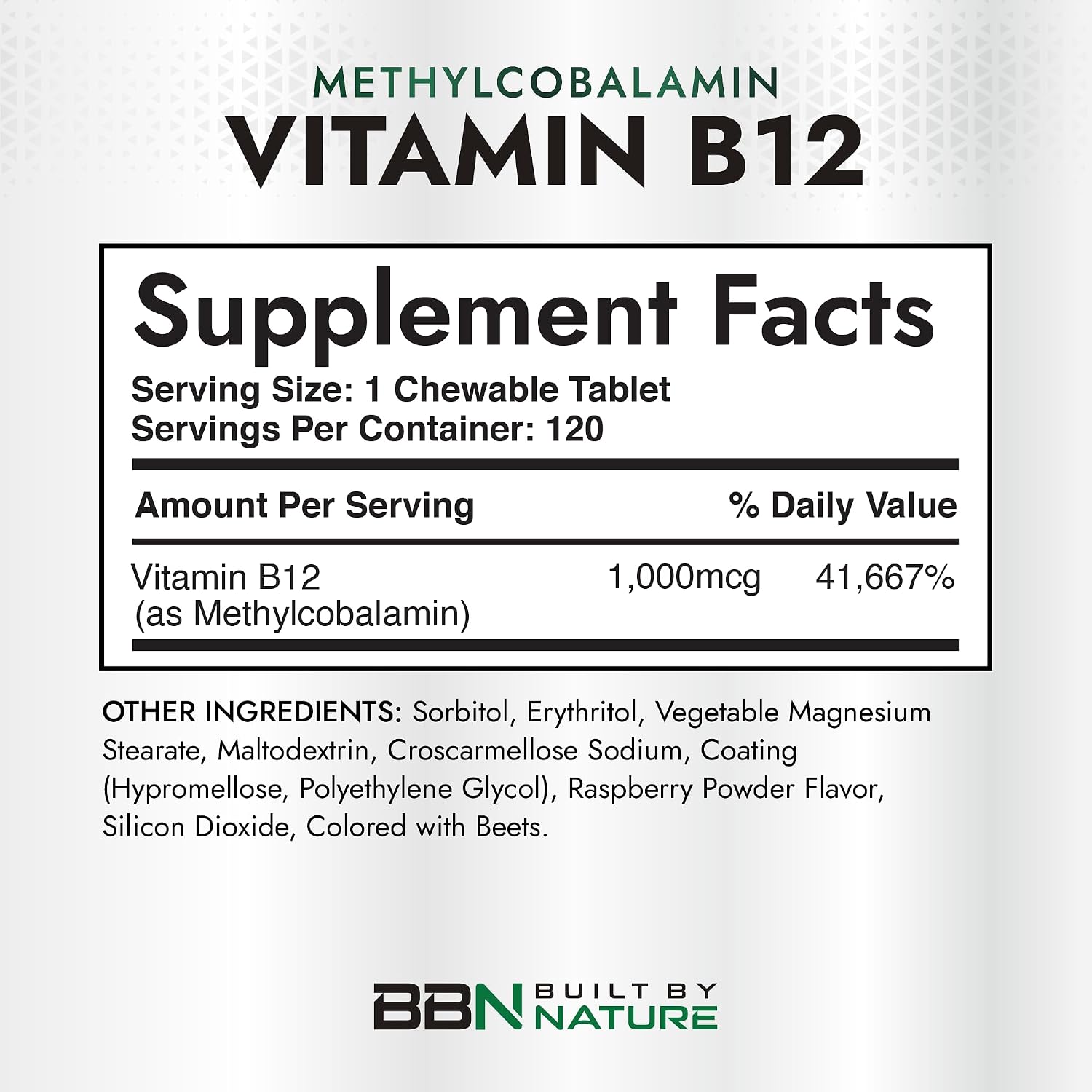 Built by Nature Vitamina B12 1000 mcg Metilcobalamina, Comprimidos Sublinguales Sabor a Bayas, 120 unidades (4 meses)